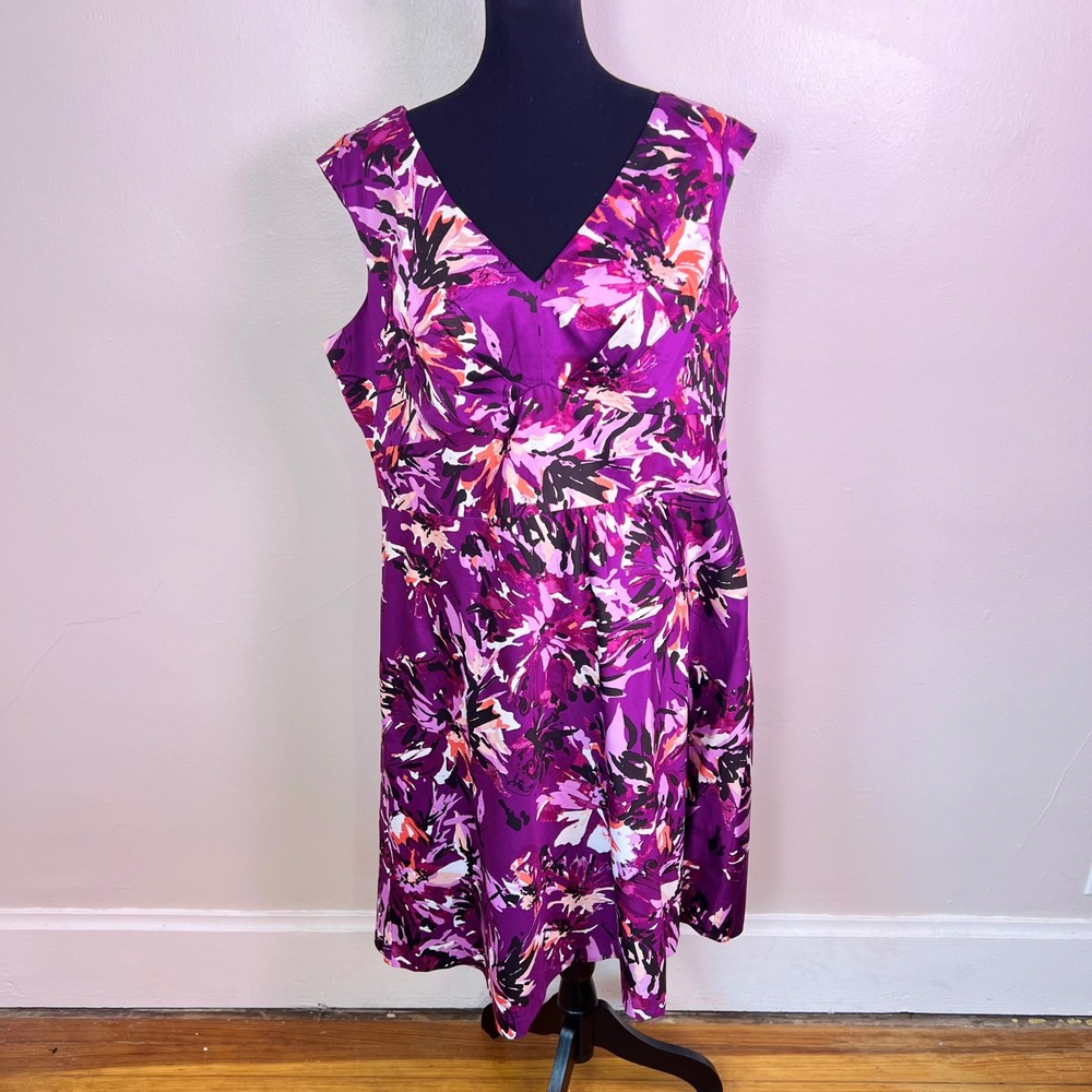 East 5th Woman Sheath Dress 18W Purple Floral Abstract V-Neck Sleeveless Cotton